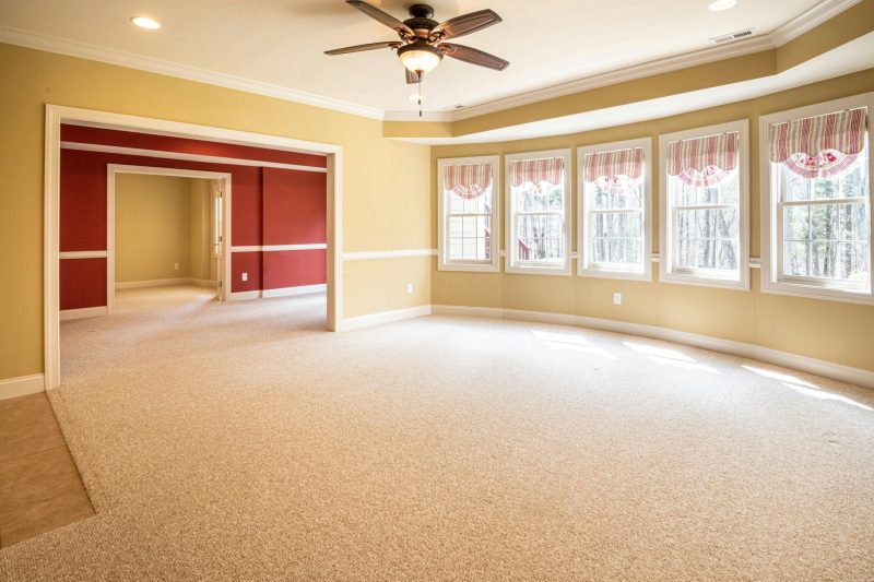Bright empty room with carpet and ceiling fan