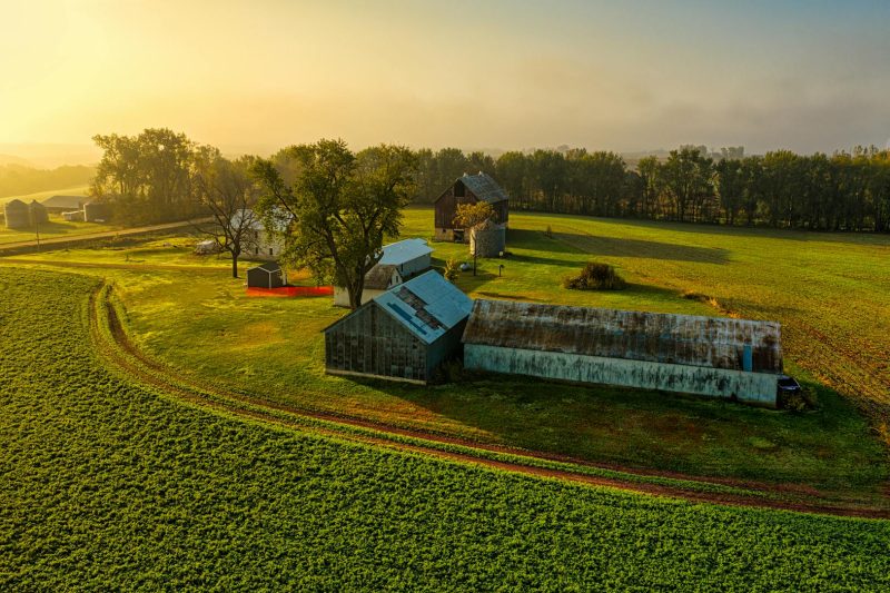 Aerial view of a rural Minnesota farm with lush fields and historic barns at sunrise.