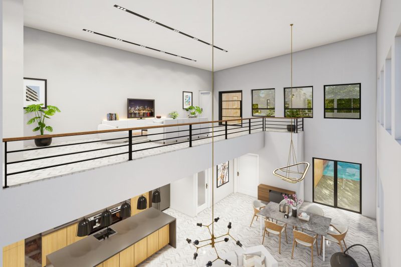 Spacious modern home interior featuring minimalist design and an open balcony with a view.