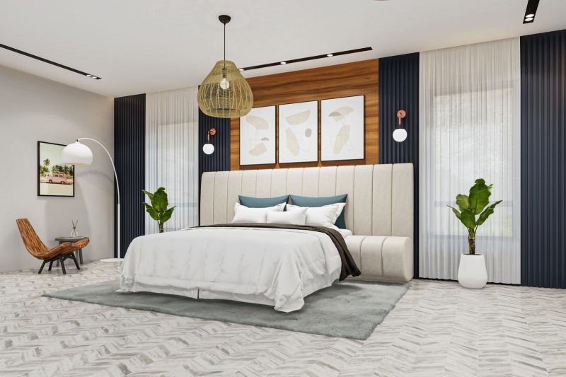 Contemporary bedroom featuring sleek decor, a large window allowing natural light, and minimalist furnishings.